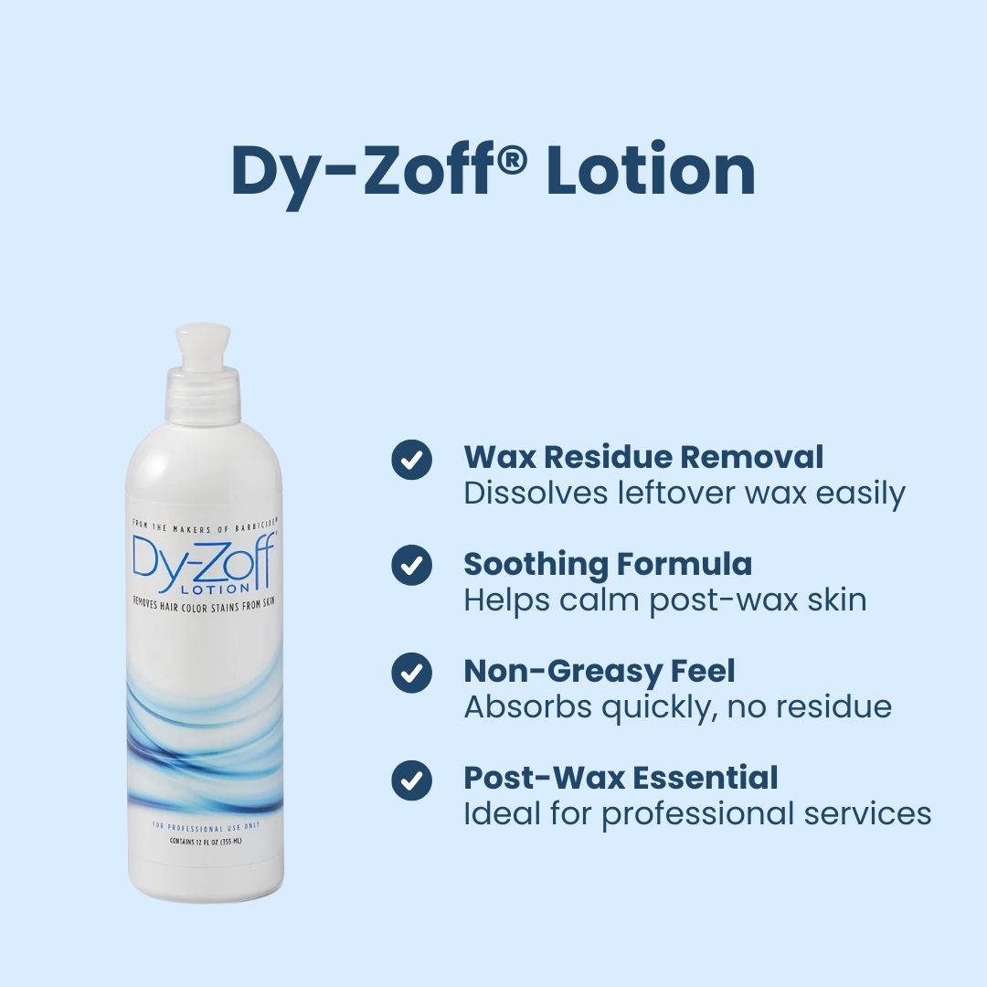 Dy-Zoff lotion highlighting wax residue removal and soothing post-wax skin care for professionals